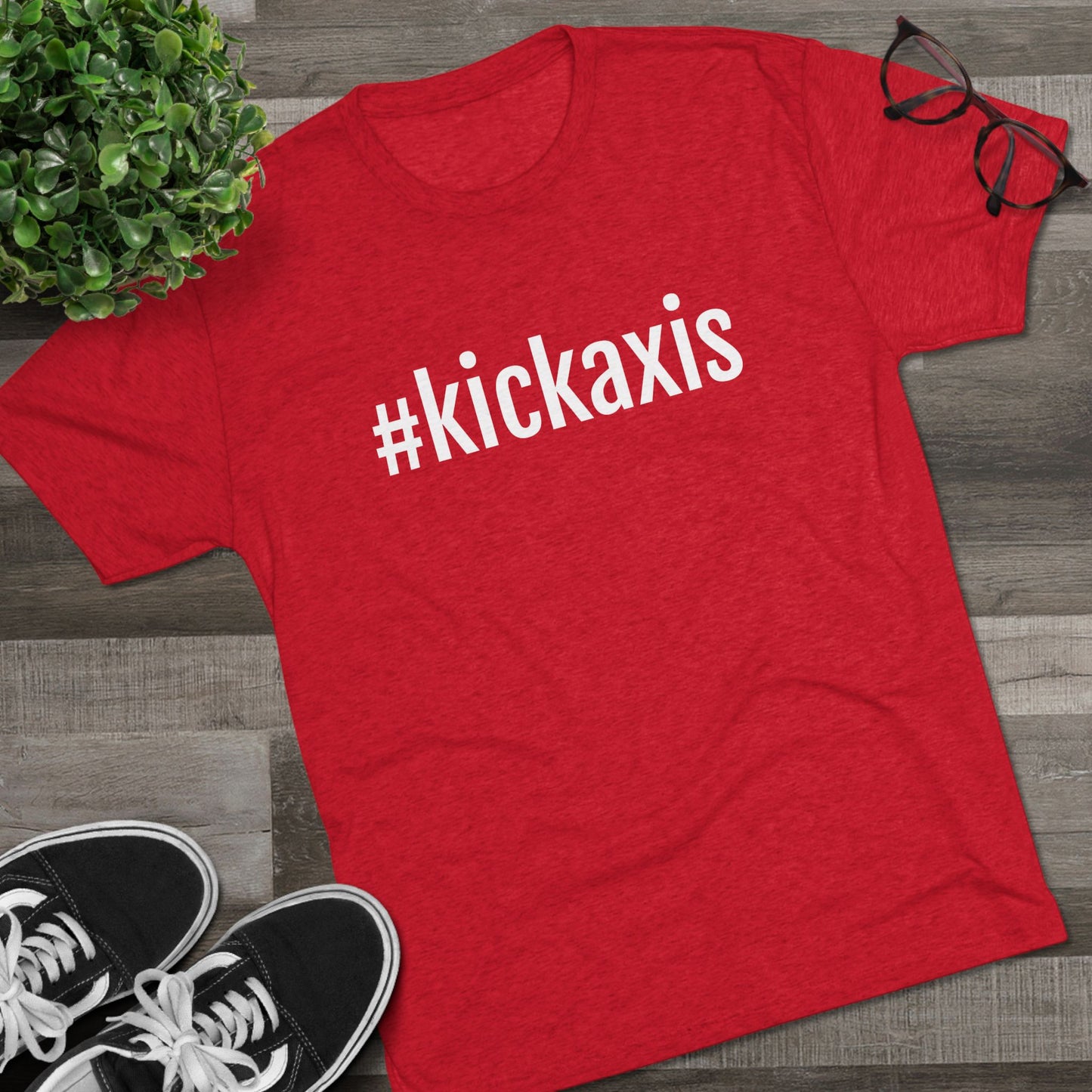 Unisex Tri-Blend Crew Tee - #kickaxis on front // small logo on back